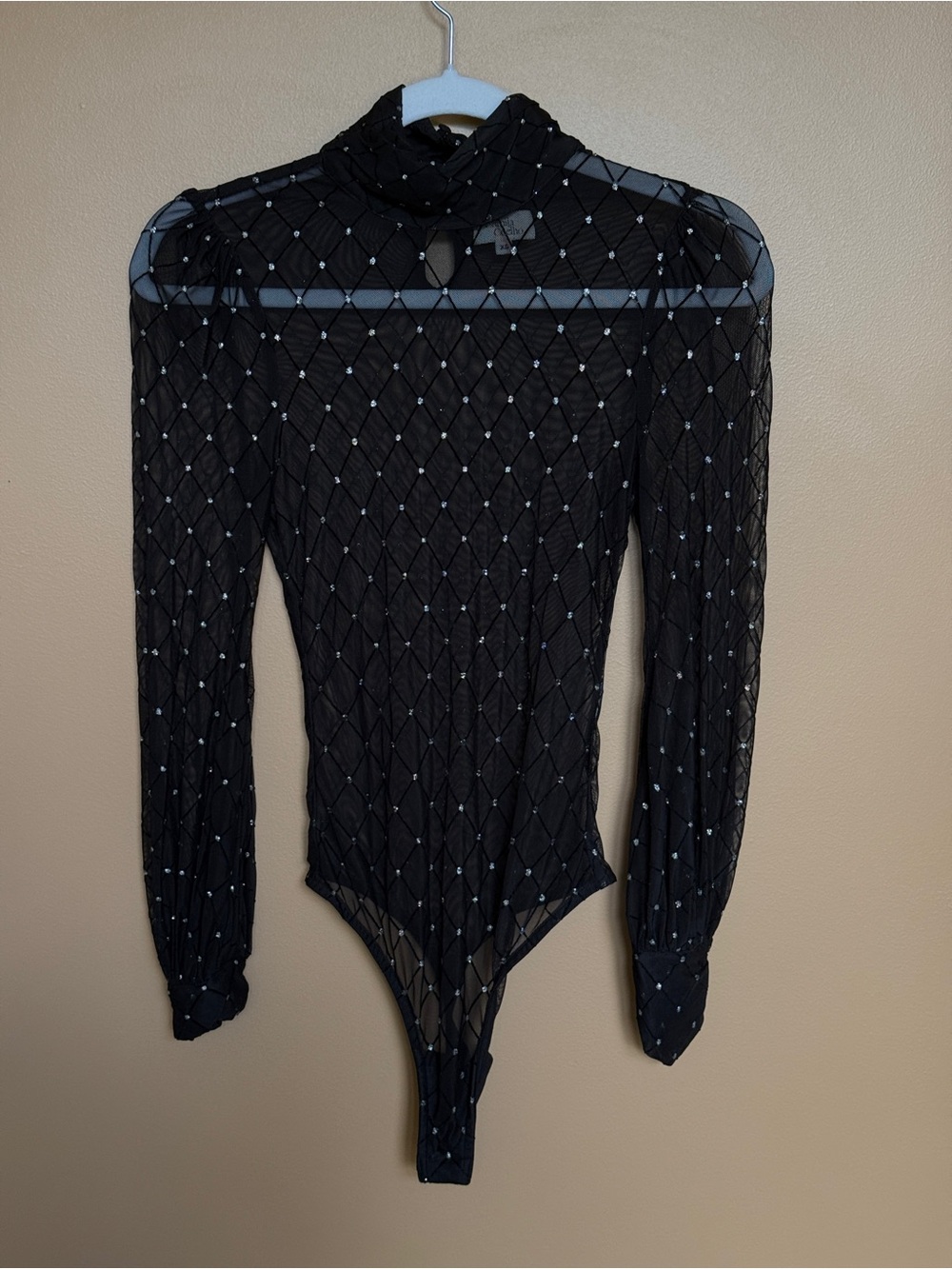 Camila Coelho Black Sheer Mesh Rhinestone Bodysuit XS